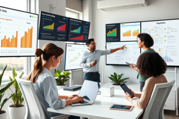 A diverse marketing team collaborates in a modern office using computers and charts to optimize SEO titles for higher clicks and better eCPM.