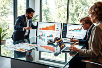 Digital marketing team optimizing SEO traffic with detailed ROI and eCPM dashboards in a bright modern office setting