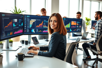 Professional team in modern office collaborating on SEO and social media lead generation with multiple monitors showing analytics dashboards