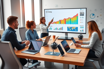 A diverse team collaborating in a modern office with digital charts showing SEO monetization strategy for higher eCPM and improved sales