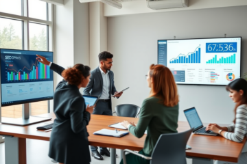 A diverse team collaborating in a bright office with screens showing SEO analytics charts for higher eCPM and faster company growth